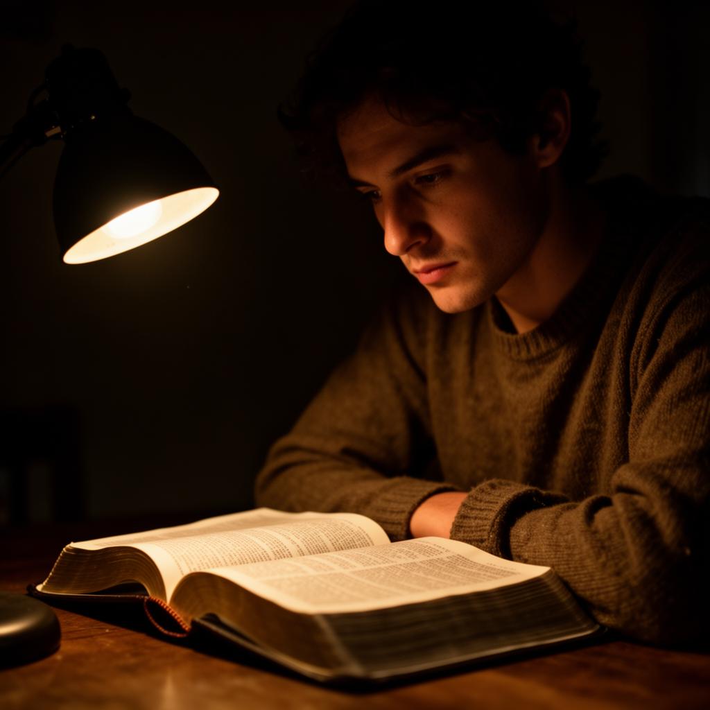 Pessoa lendo a Bíblia sob luz baixa